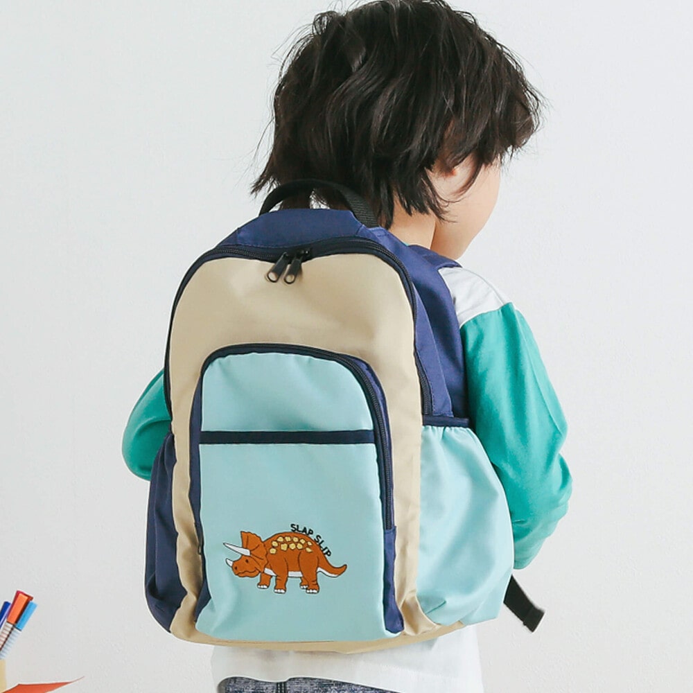 配色ショベルカー恐竜 刺しゅうポケット付きナイロンオックスリュック