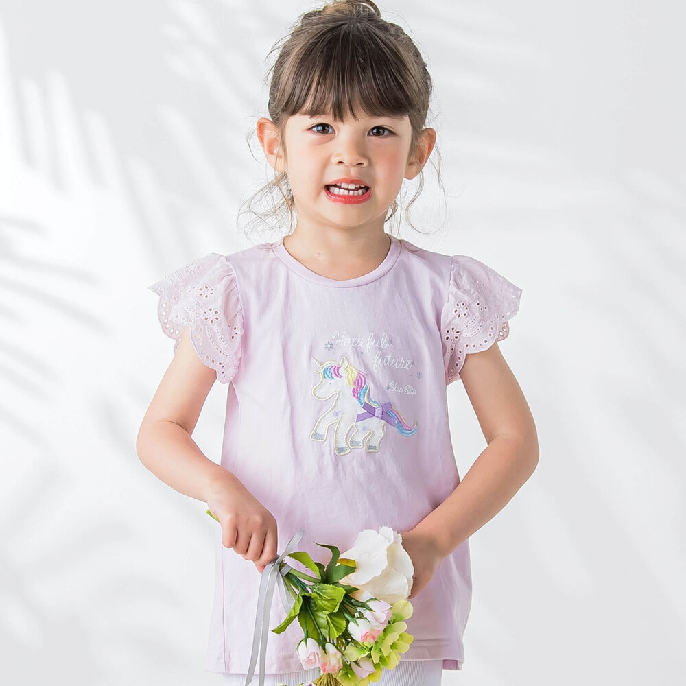 接触冷感】ユニコーンシェルキラキラモチーフ袖フリルTシャツ(80~130cm