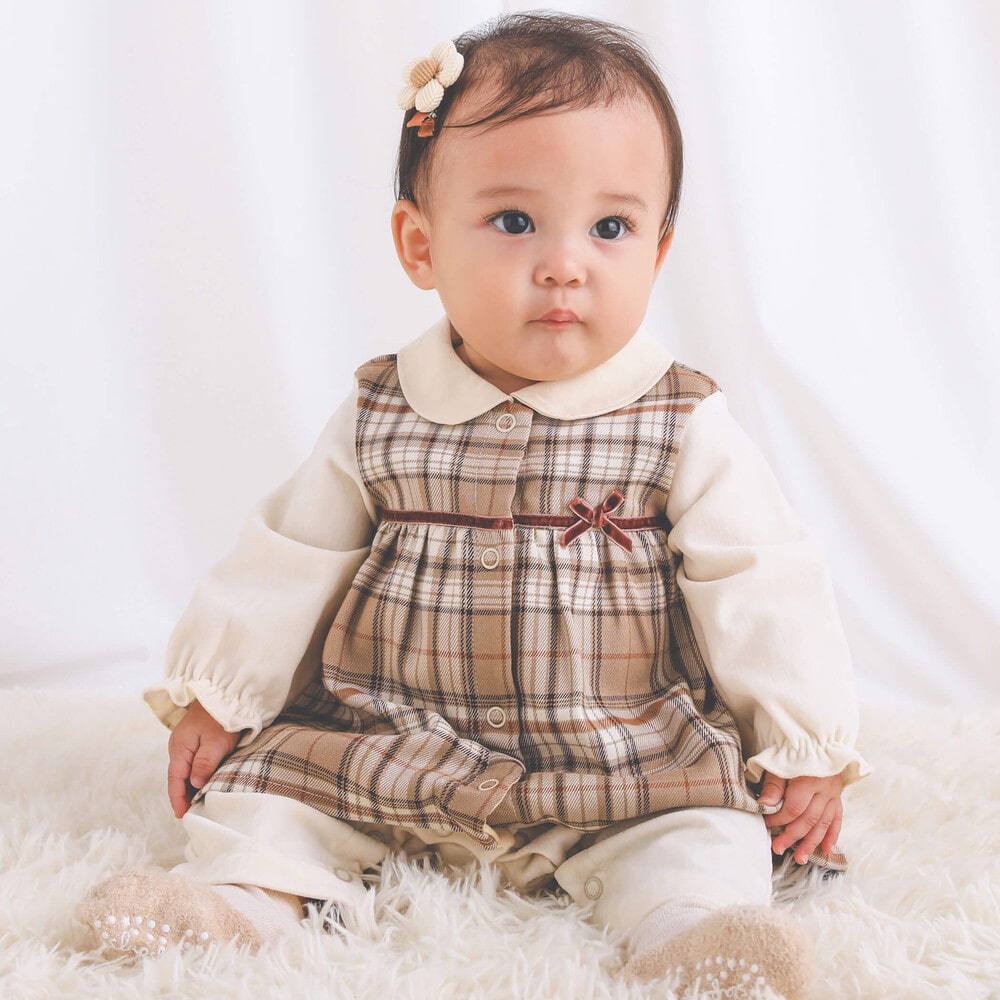 お揃い】チェック柄襟付きロンパースベビー(70~80cm)(70cm ネイビー系