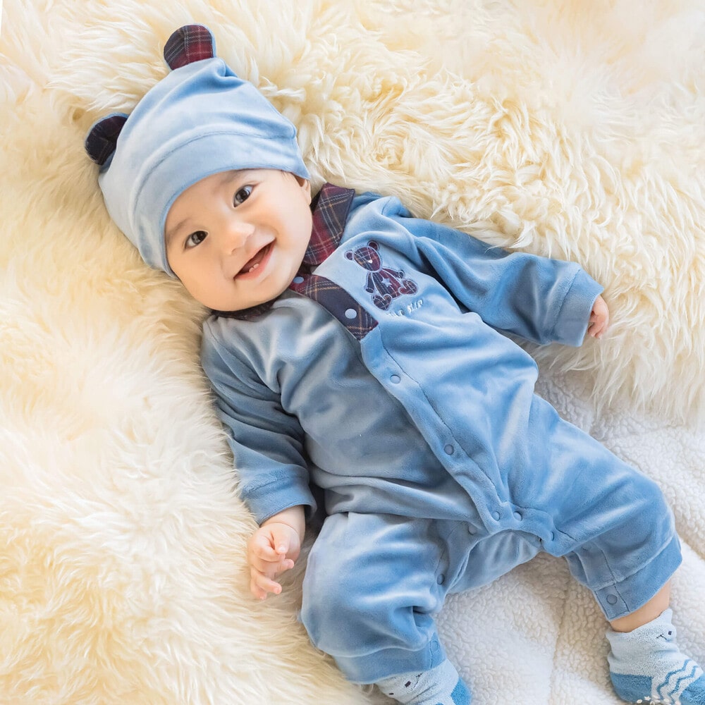 お揃い】チェック襟付きロンパース＋クマ耳帽子2点セットベビー(60