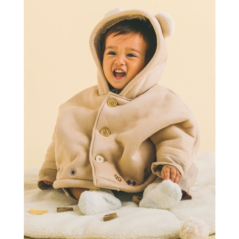 くま 耳 モチーフ お菓子 刺繍 裏ボア マント ベビー (50~90cm)(ﾜﾝｻｲｽﾞ