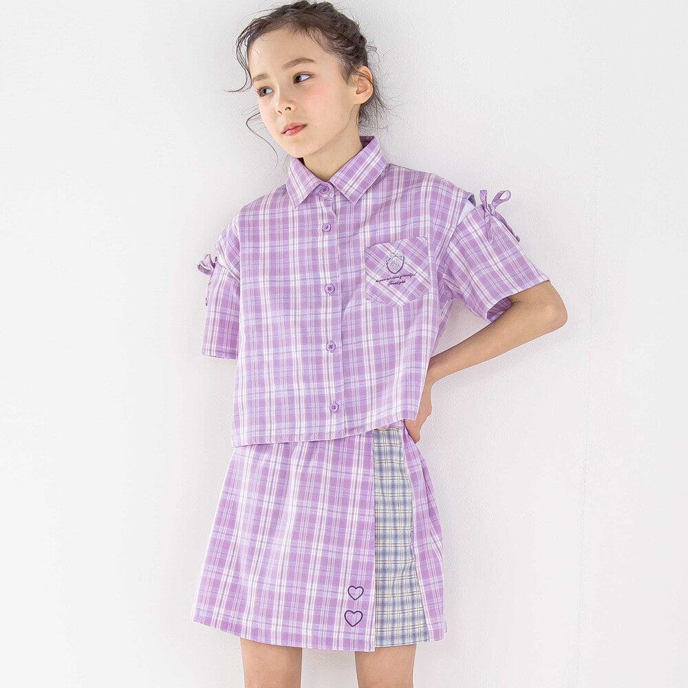 チェック柄半袖シャツ+プリーツスカパンセット(110~150cm)(110cm