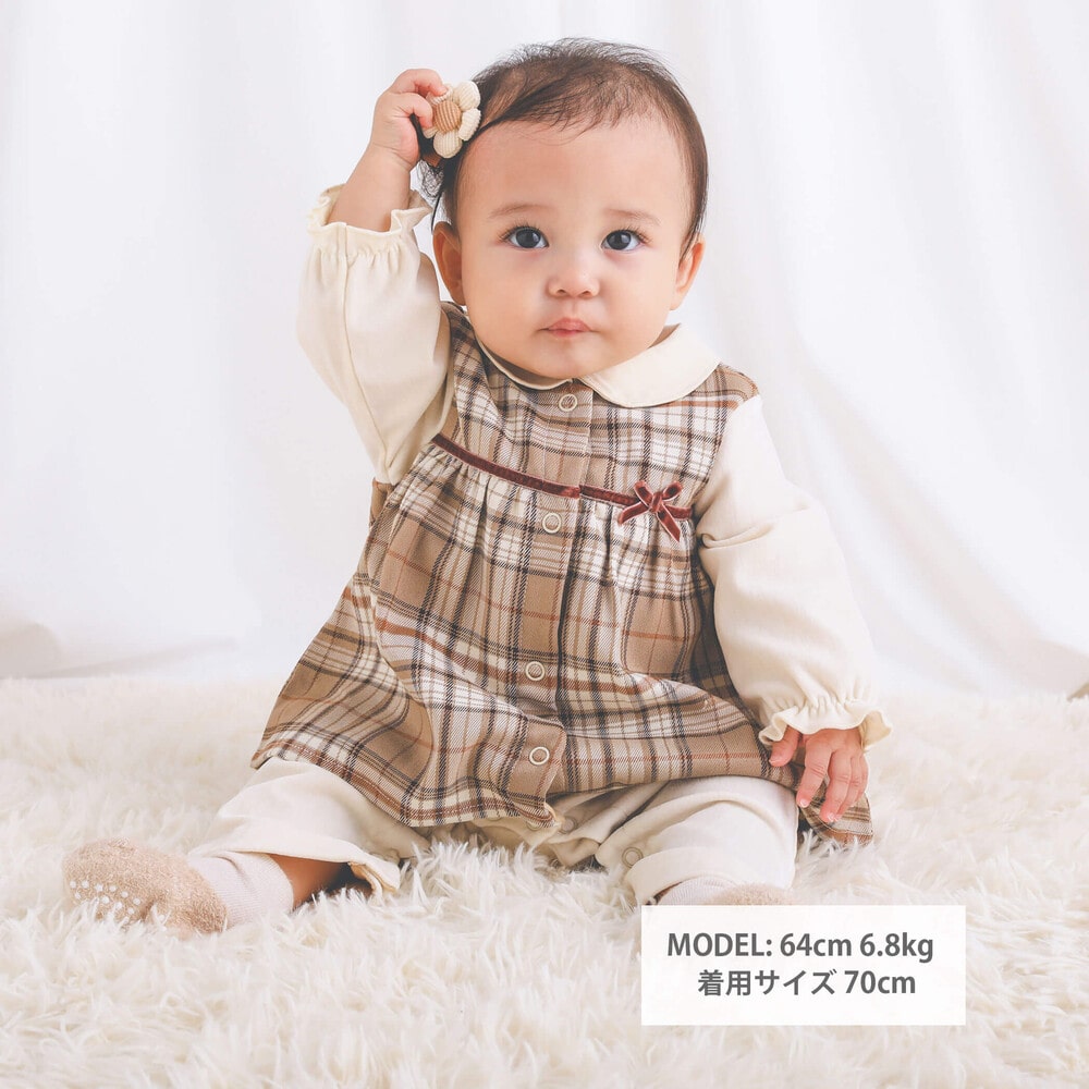 お揃い】チェック柄襟付きロンパースベビー(70~80cm)(70cm ネイビー系