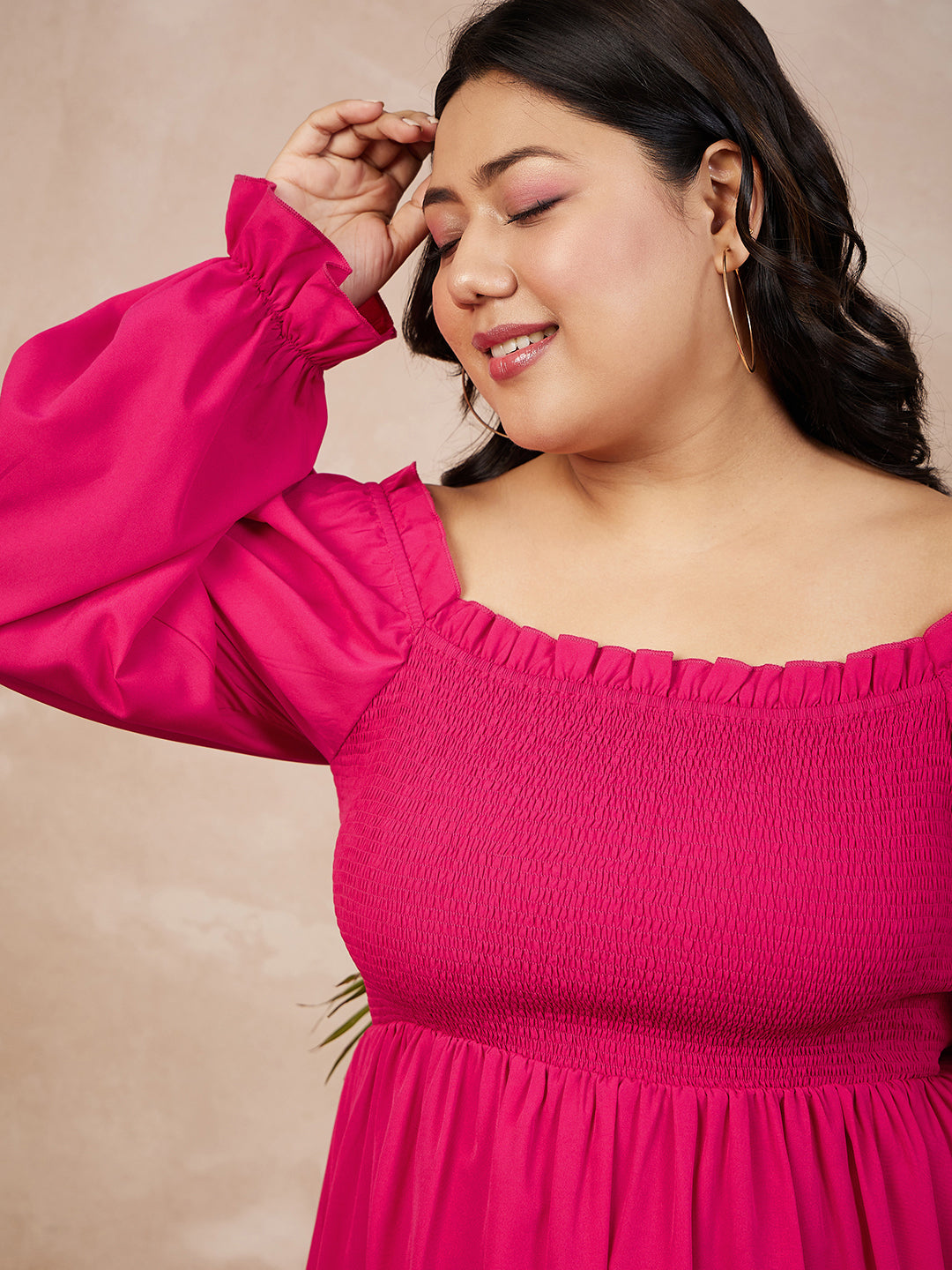 Women Plus Size Solid Pink Square Neck Flutter Sleeve Ruffled