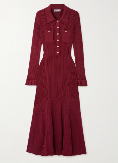 Self Portrait リブニッドレス ボルドー｜襟付きエレガントワンピース