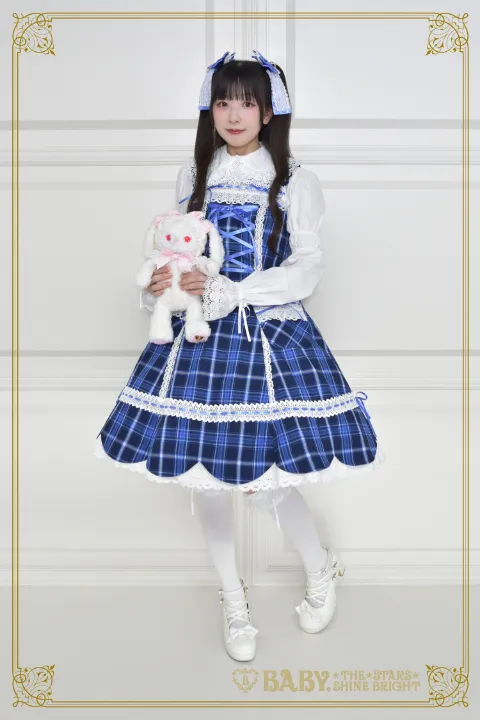 裾スカラップタータンチェックジャンパースカート＆リボンコームセット