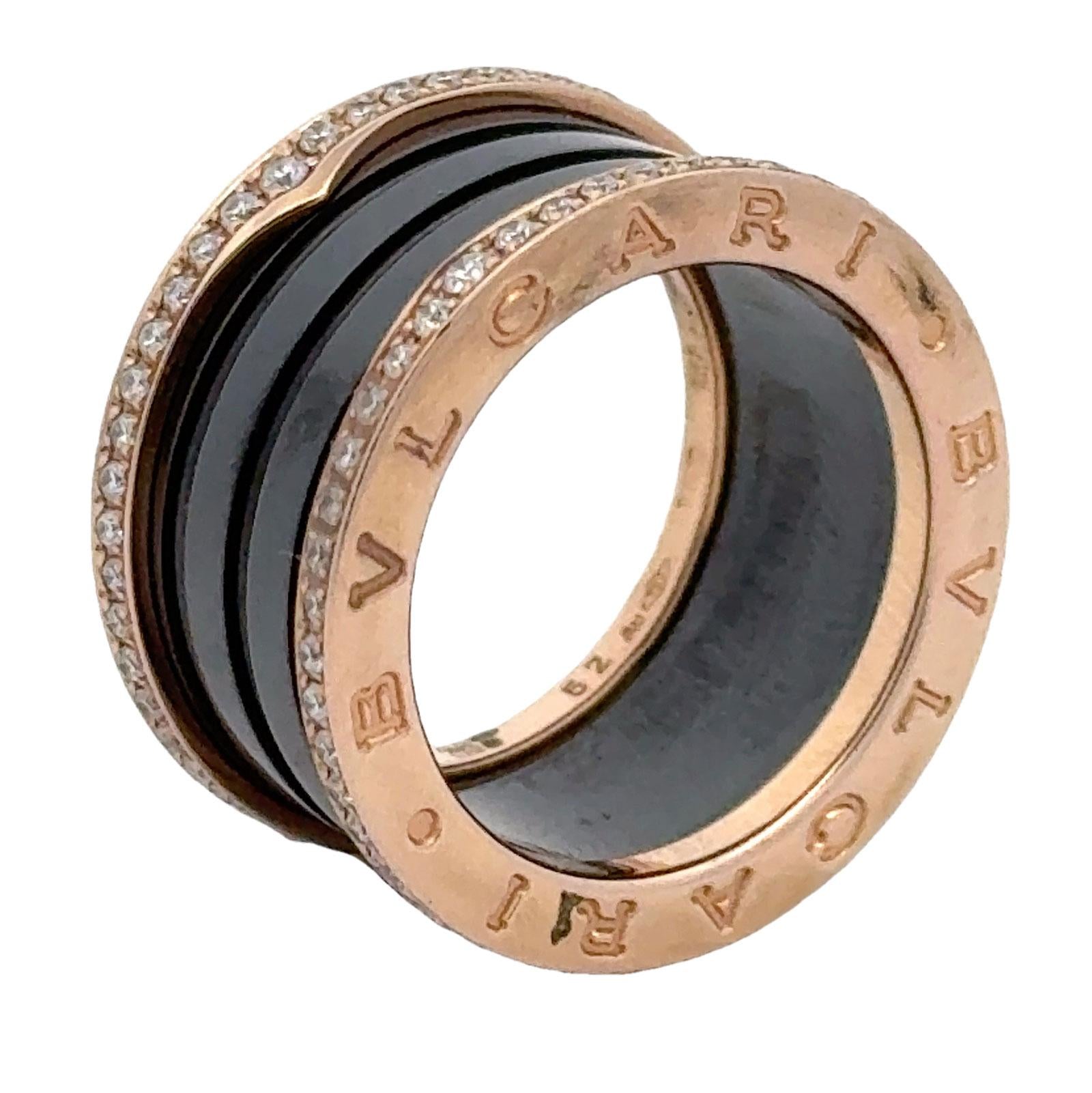 Bvlgari B.Zero1 Diamond Black Ceramic 18K Rose Gold Ring Size 6 (52) N
