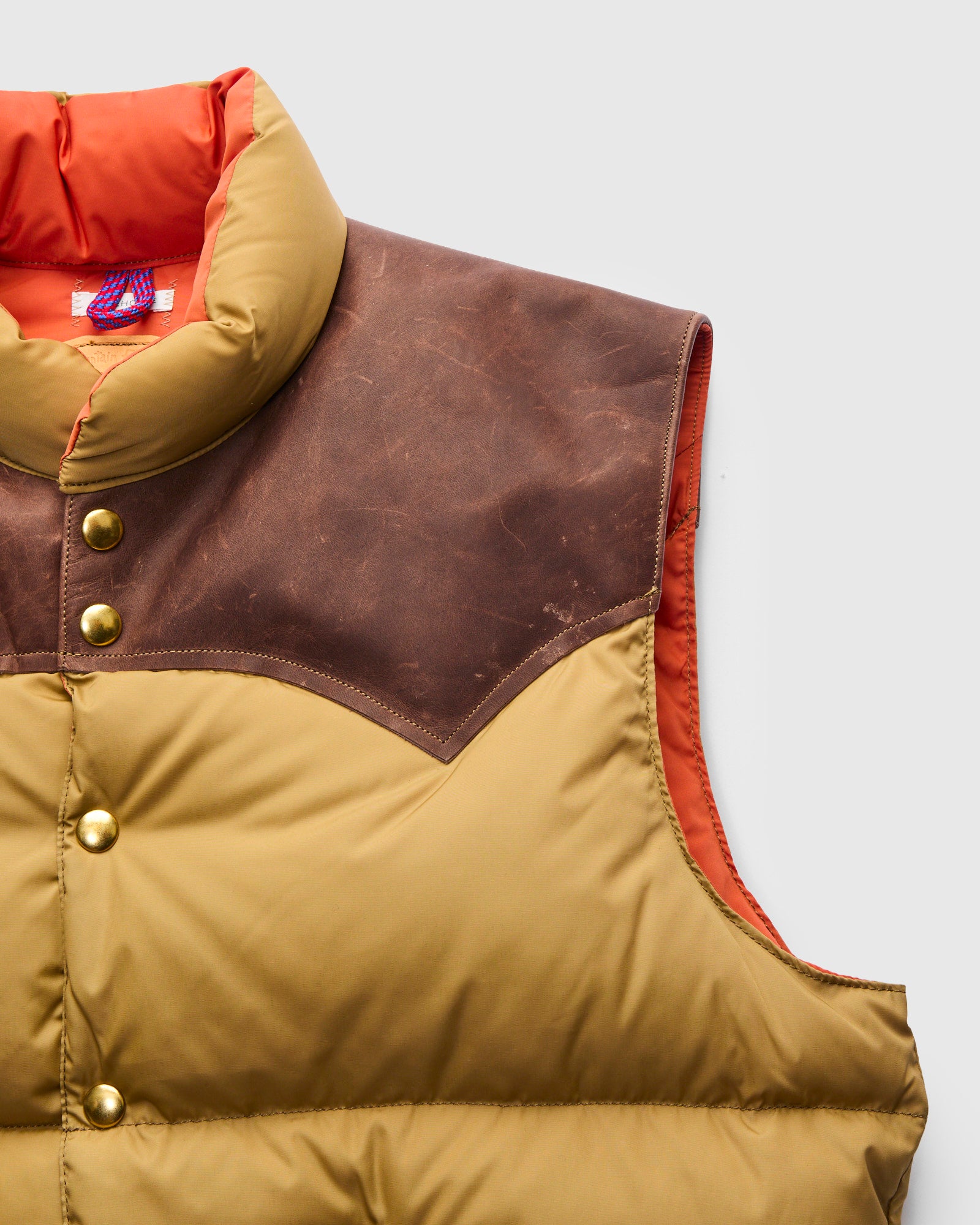 Rocky Mountain Featherbed x Warehouse Nylon Down Vest in Camel