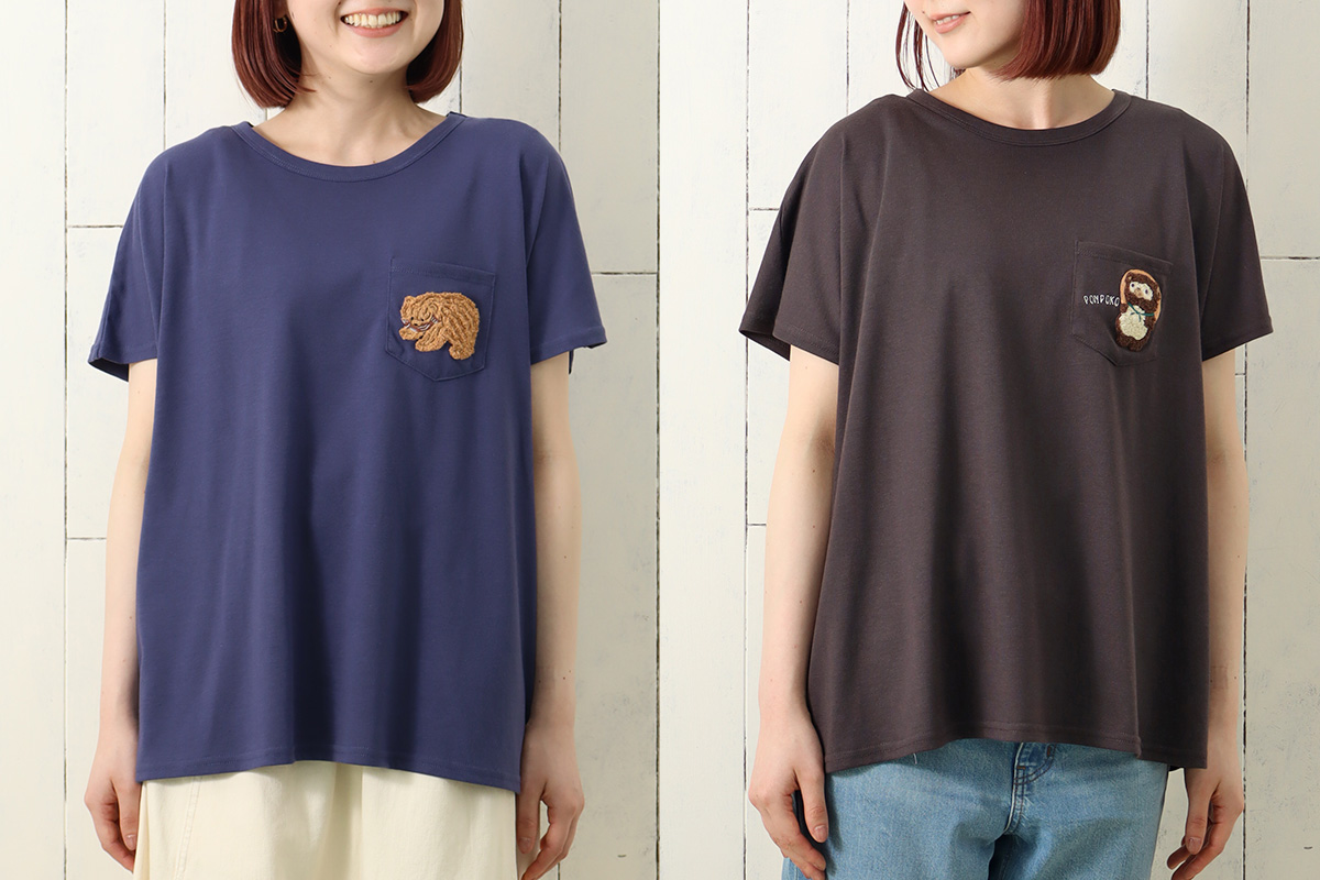 サガラ刺繍Tシャツ （木彫りクマ、たぬきの置物）: ｜Bleu Bleuet