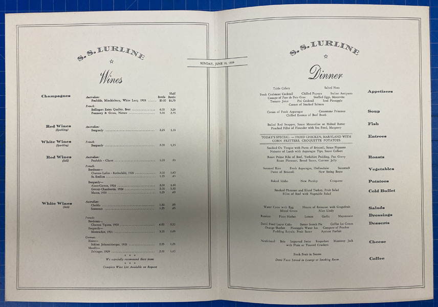 Three- S.S. Lurline Menus MCINTOSH, FRANK [ARTIST]