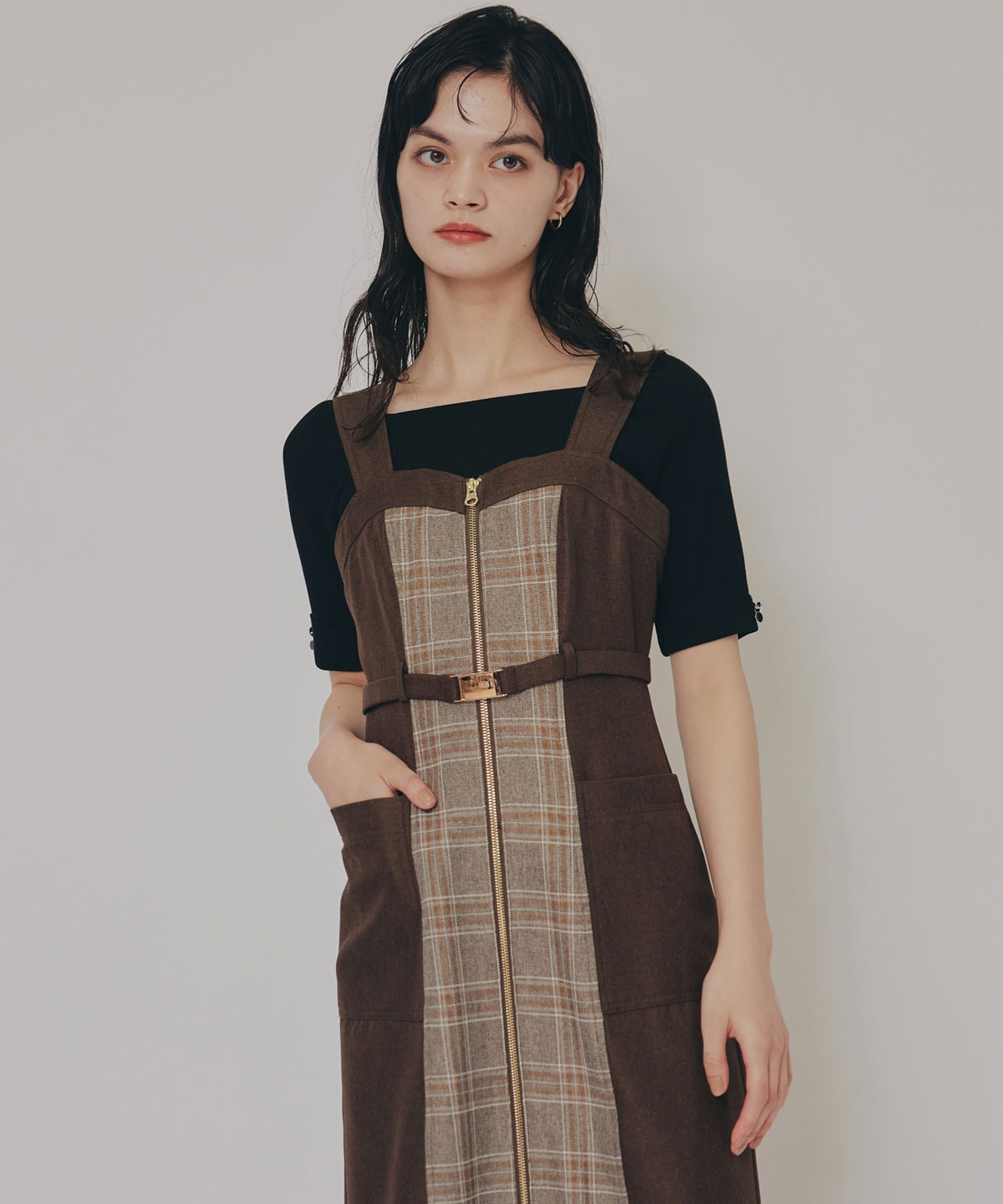 フロントジップバイカラーチェックワンピース