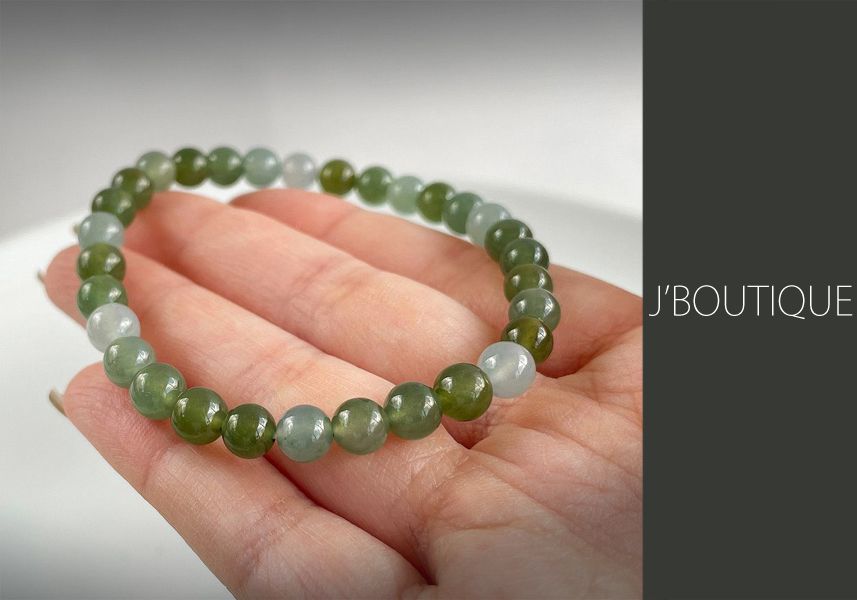 ミャンマー産天然無処理翡翠 ビーズ ブレスレット 淡黄緑 淡青緑 オフ