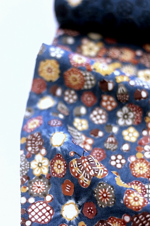 型絵染九寸名古屋帯/岡本紘子作 花 藍染絞り