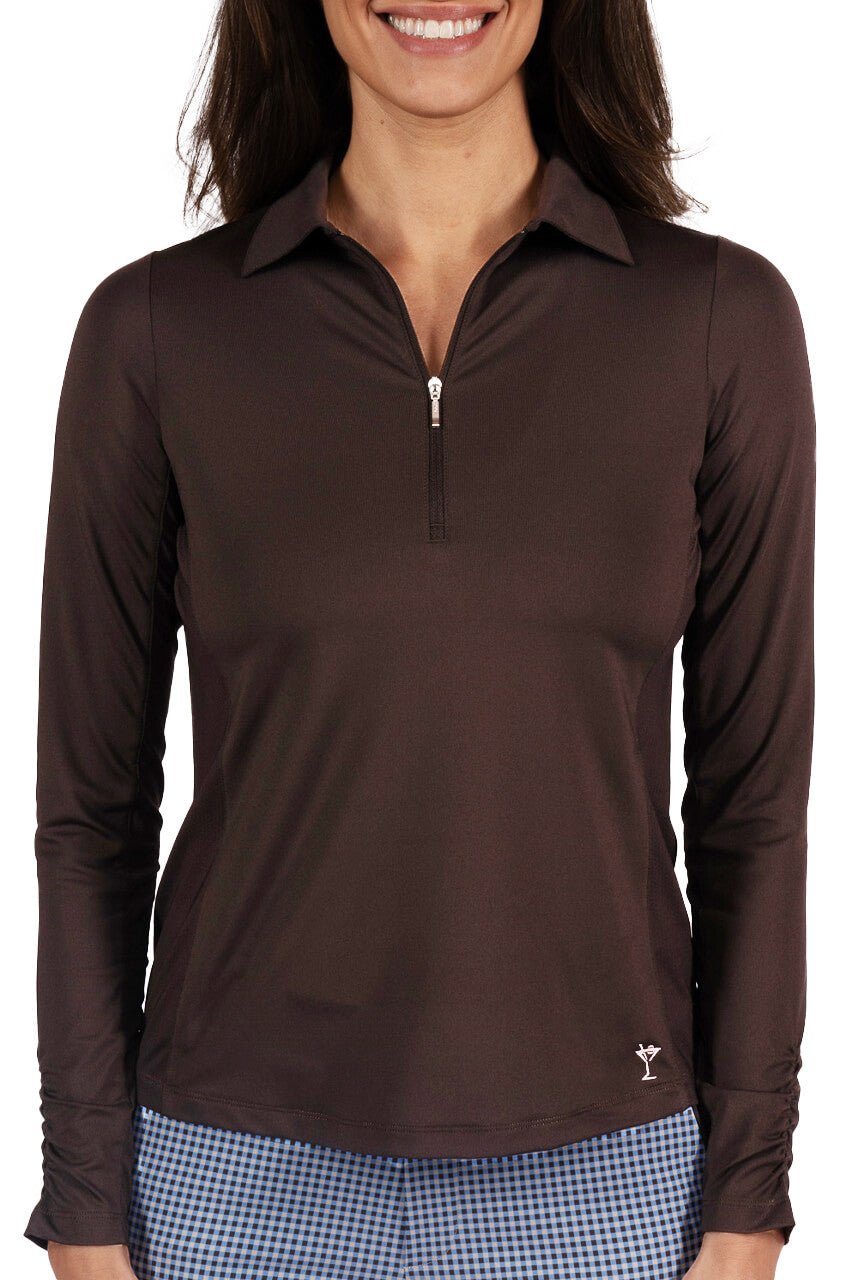 Women's Cocoa Long Sleeve Zip Stretch Polo - Golftini