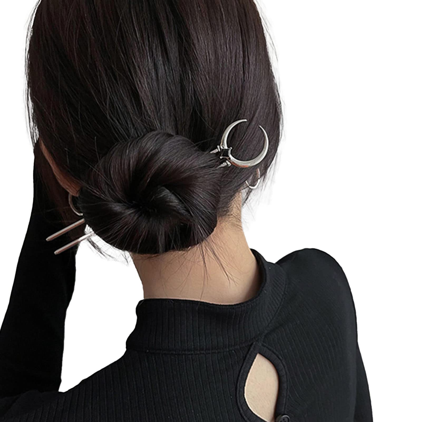 Vintage Moon Hair Stick Pins - Silver U Shape Hair Fork for Women