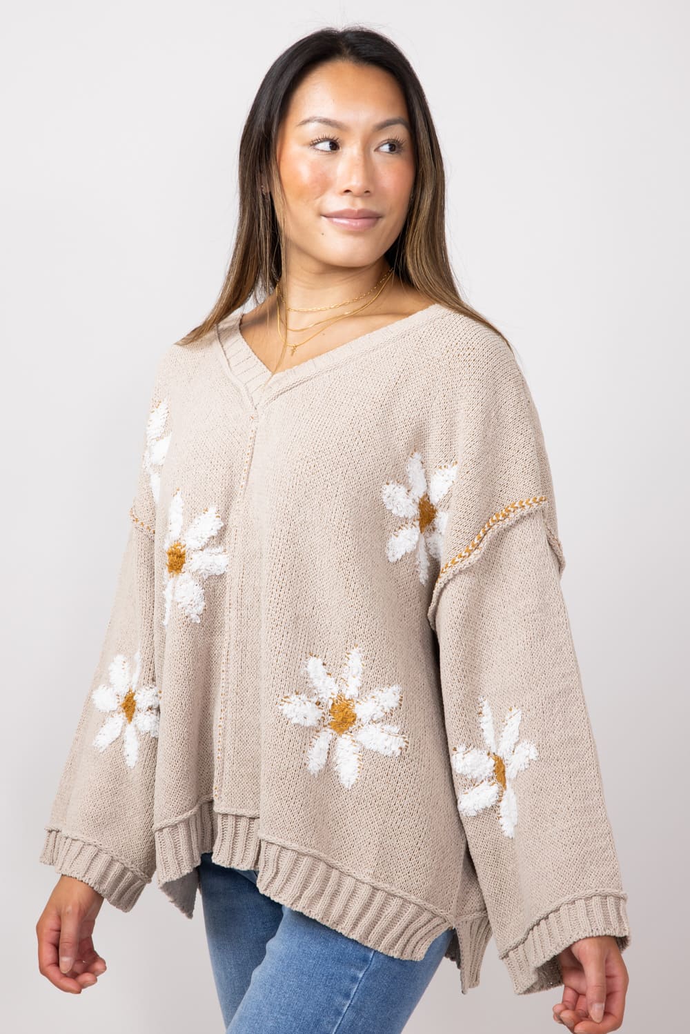 Miracle V Neck White Floral Sweater for Women in Taupe | 7418