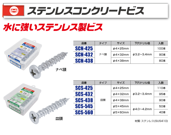 グスル お取り置き　8/16 SCS-438 ステンレス コンクリートビス<皿頭>｜電設工具のメーカー