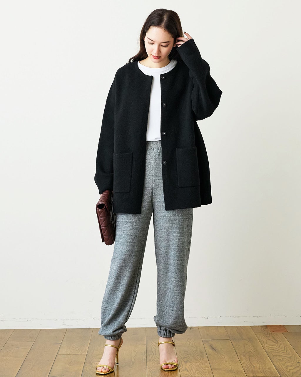 ダブルフェイスニット・ノーカラーコート/DoCLASSE