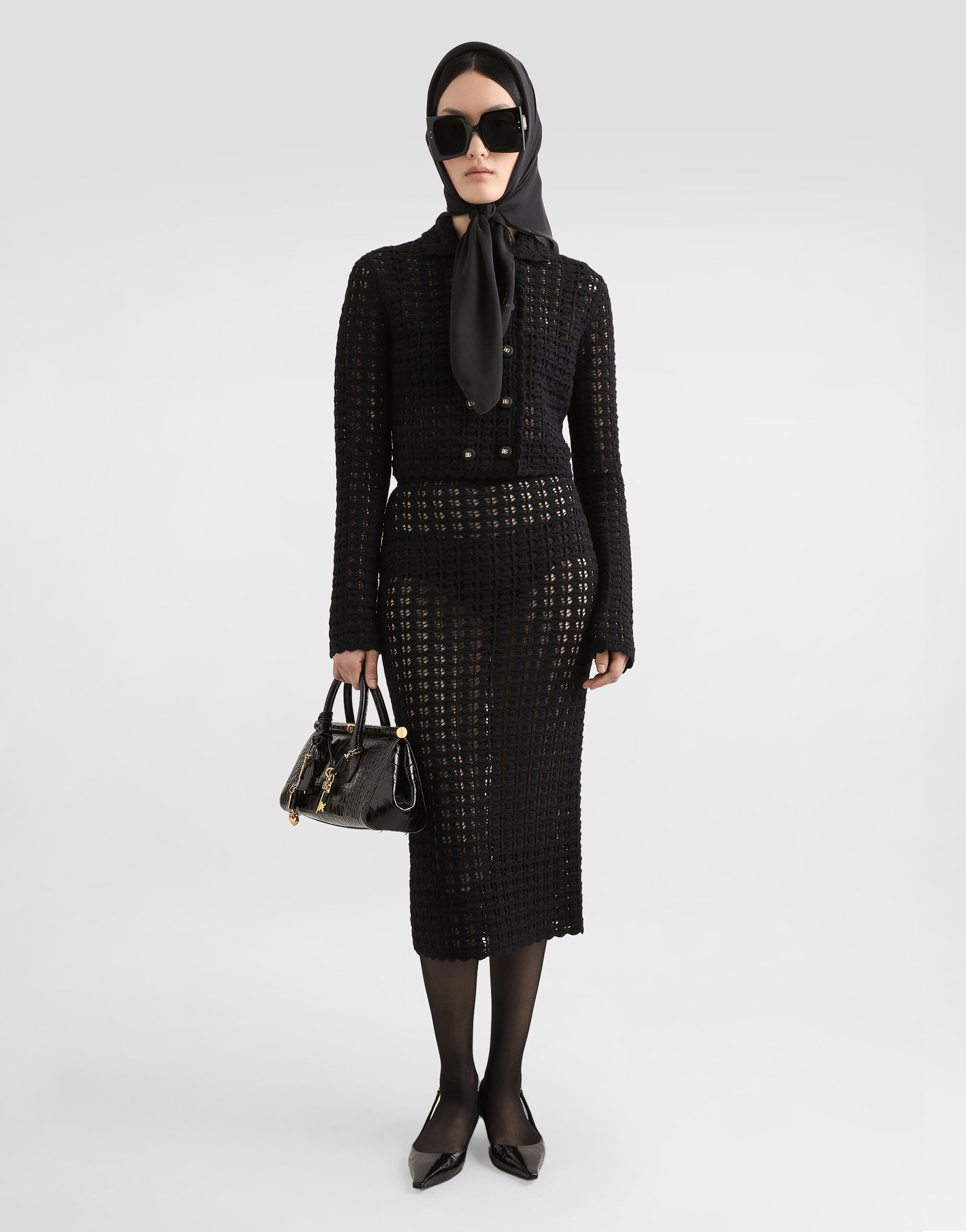 Short double-breasted wool crochet jacket in Black for Women