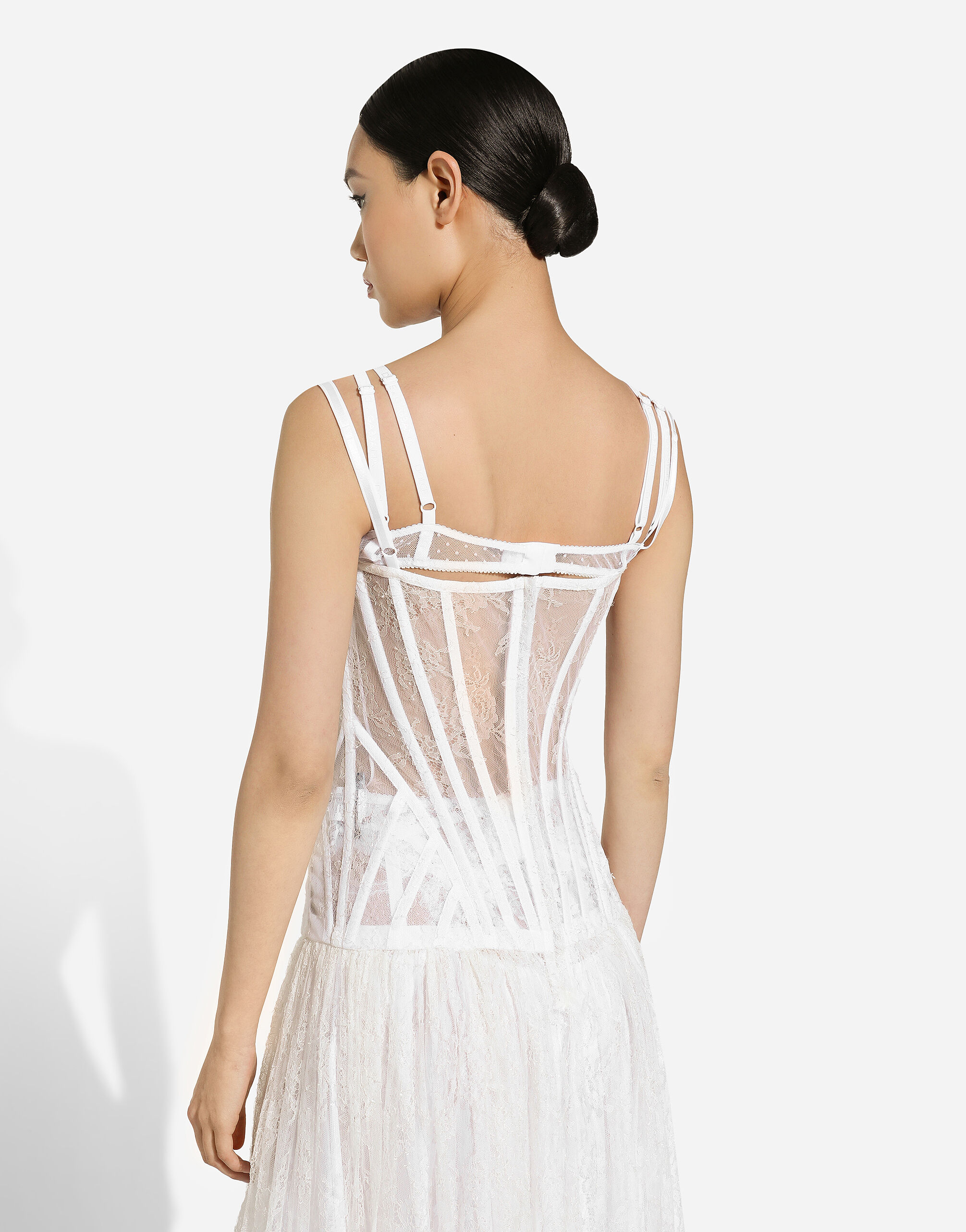 Long lace dress with corset detailing in White for Women