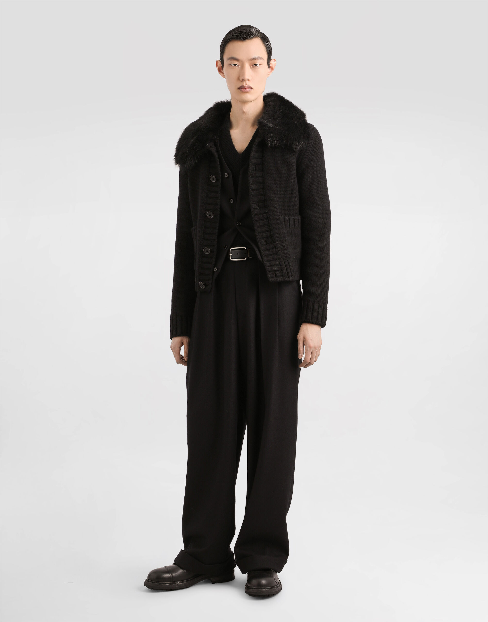 Wool jacket with fur-effect collar in Black for Men