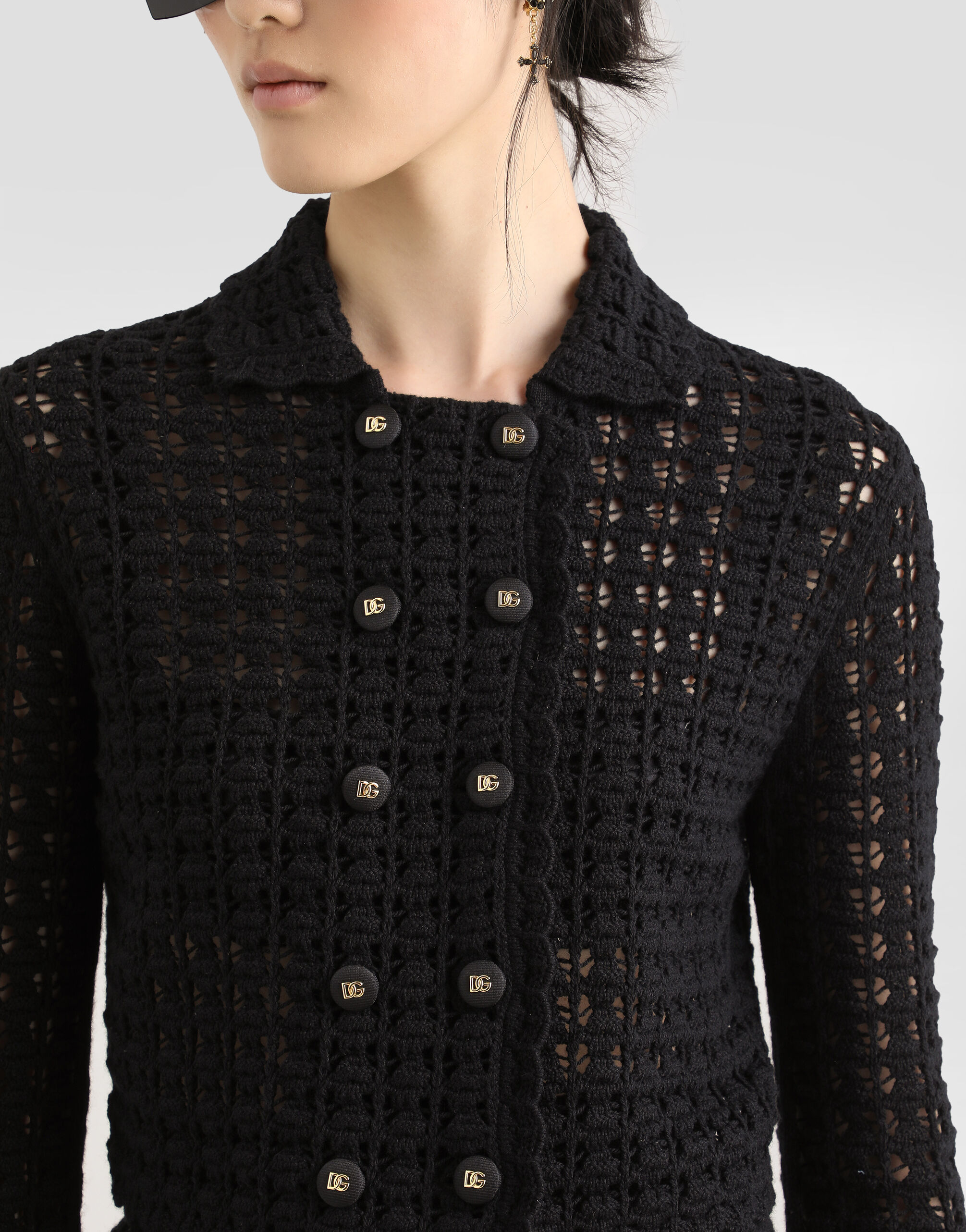 Short double-breasted wool crochet jacket in Black for Women