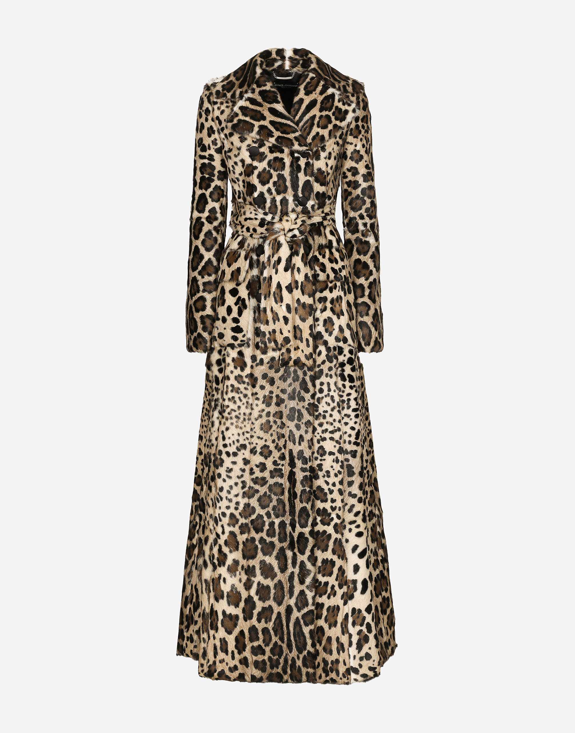 Double-breasted leopard-print goatskin coat with belt in