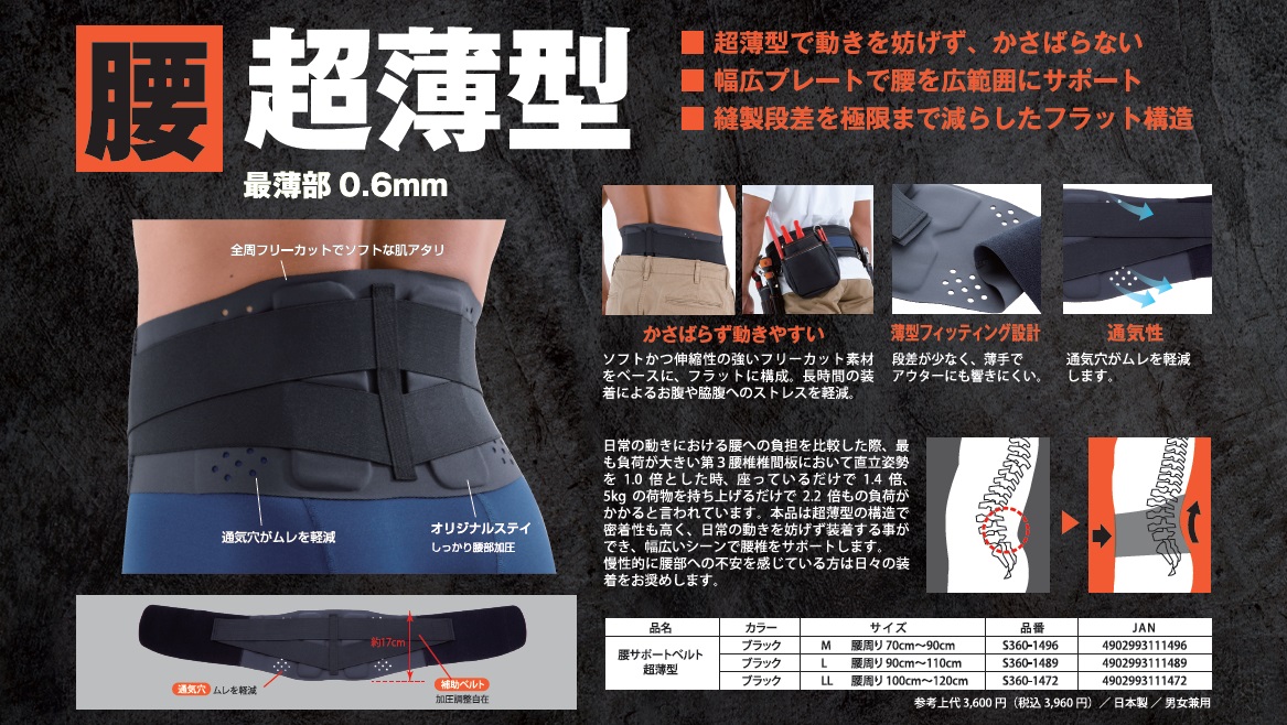 腰サポートベルト 超薄型 SMG サポーター M ブラック | ホームセンター