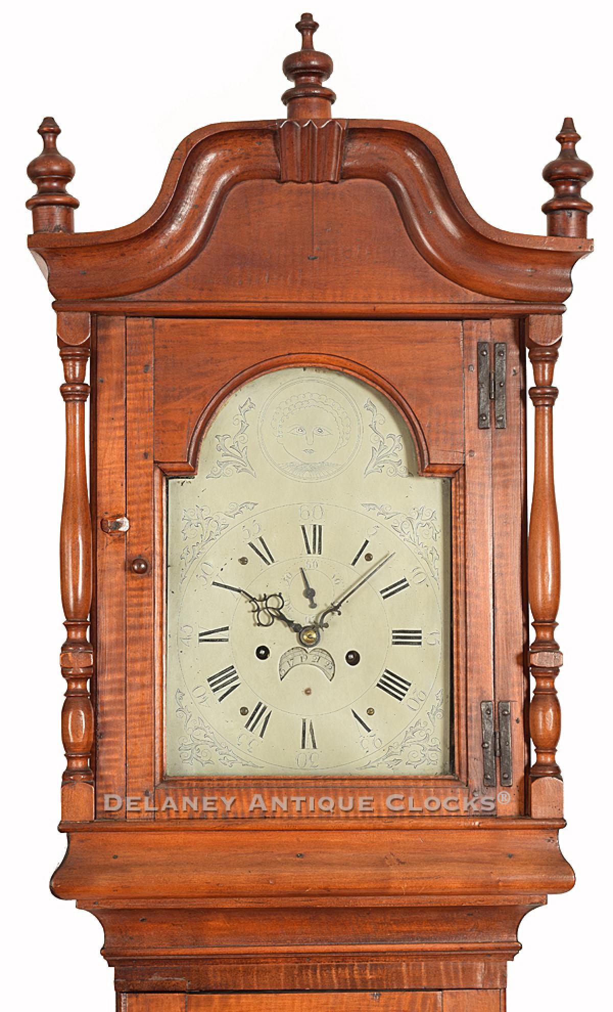 A very unusual tiger maple cased tall clock attributed Paul Rogers