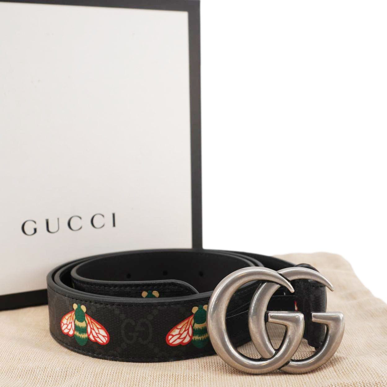 GUCCI Double G Buckle Marmont Bee Print Leather Belt Black 411516 Size