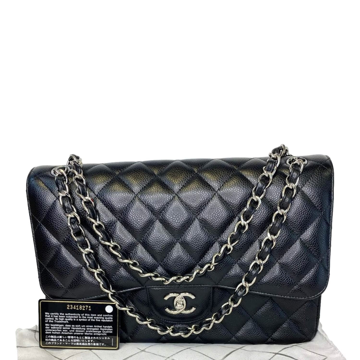CHANEL Jumbo Double Flap Quilted Caviar Leather Bag - Black