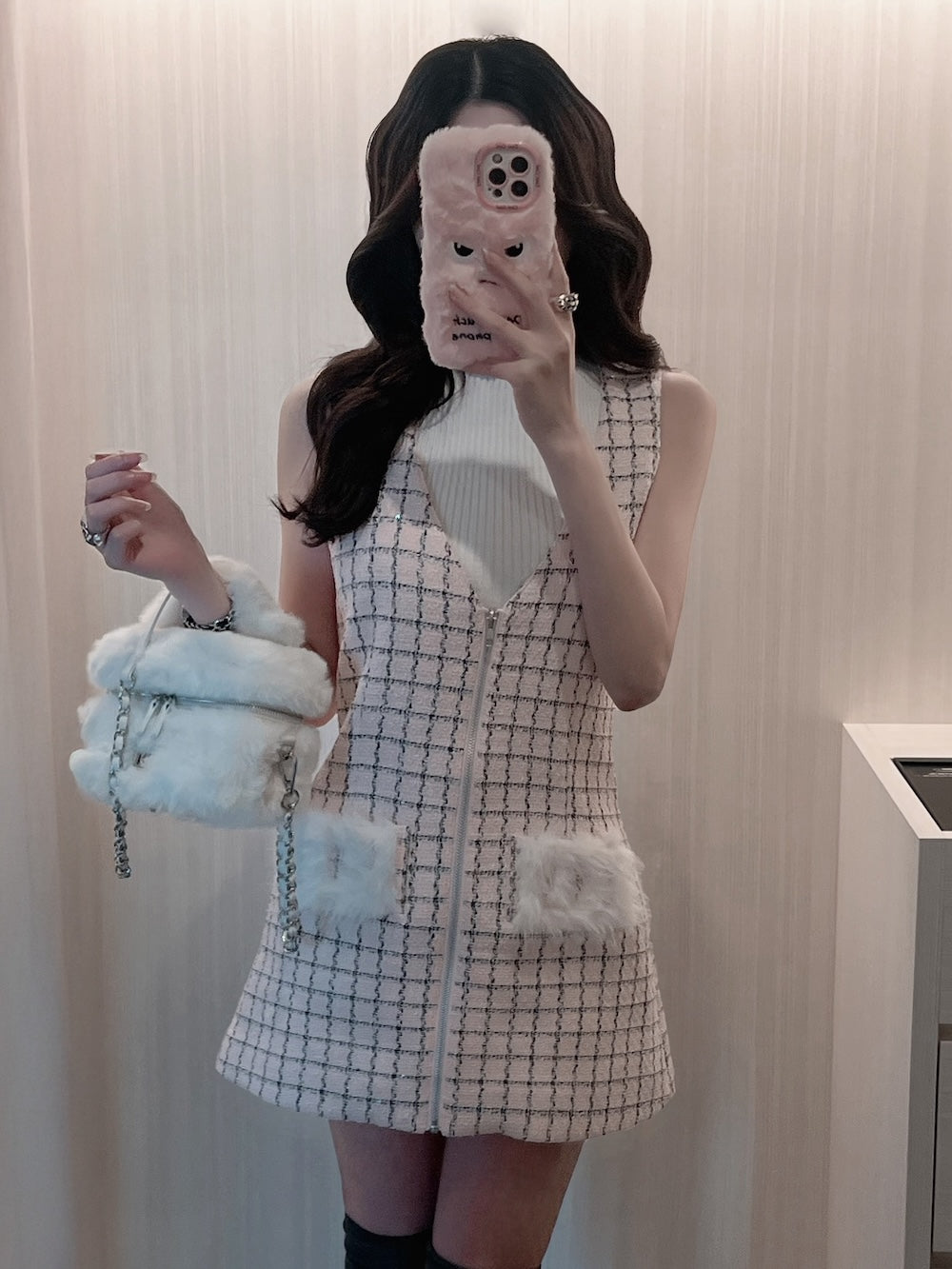 リボンファーフレアニットミニワンピース – Darich (ダーリッチ)