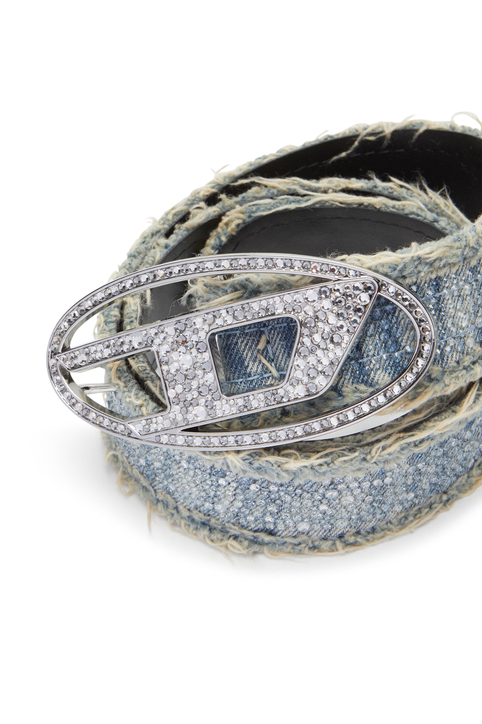 B-1DR STRASS 4cm Leather-backed denim belt with crystals｜ブルー