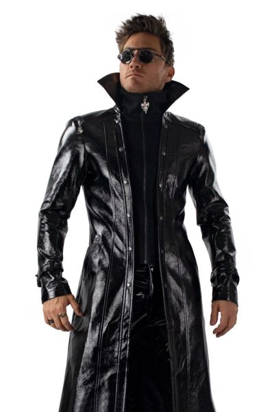 Vinyl Trench Coat Men - Futuristic Black Coat