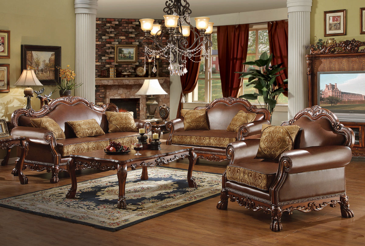 Acme Dresden Bycast Leather-Chenille Living Room Set in Cherry EST