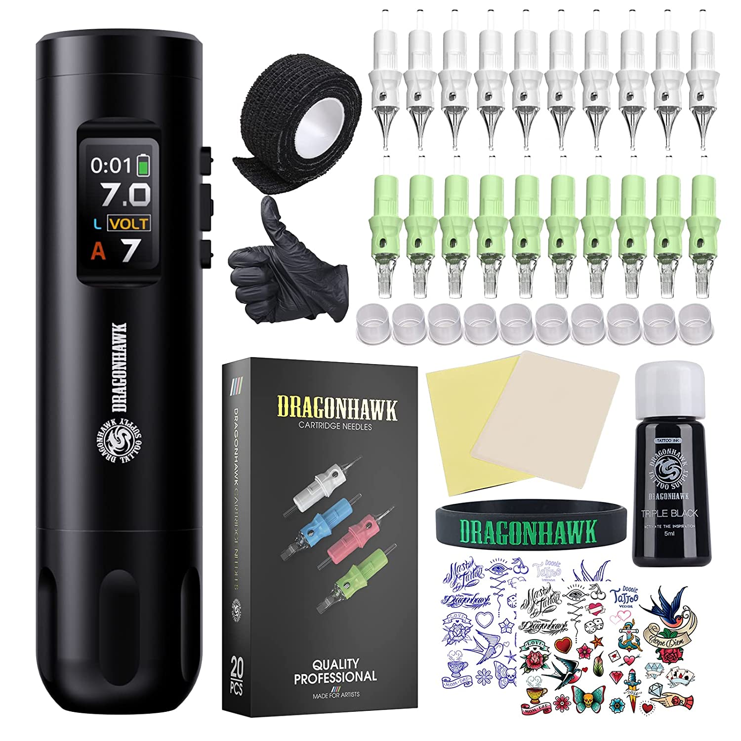 Dragonhawk X7 Wireless Tattoo Machine Kit - Fine Tattoo Kit