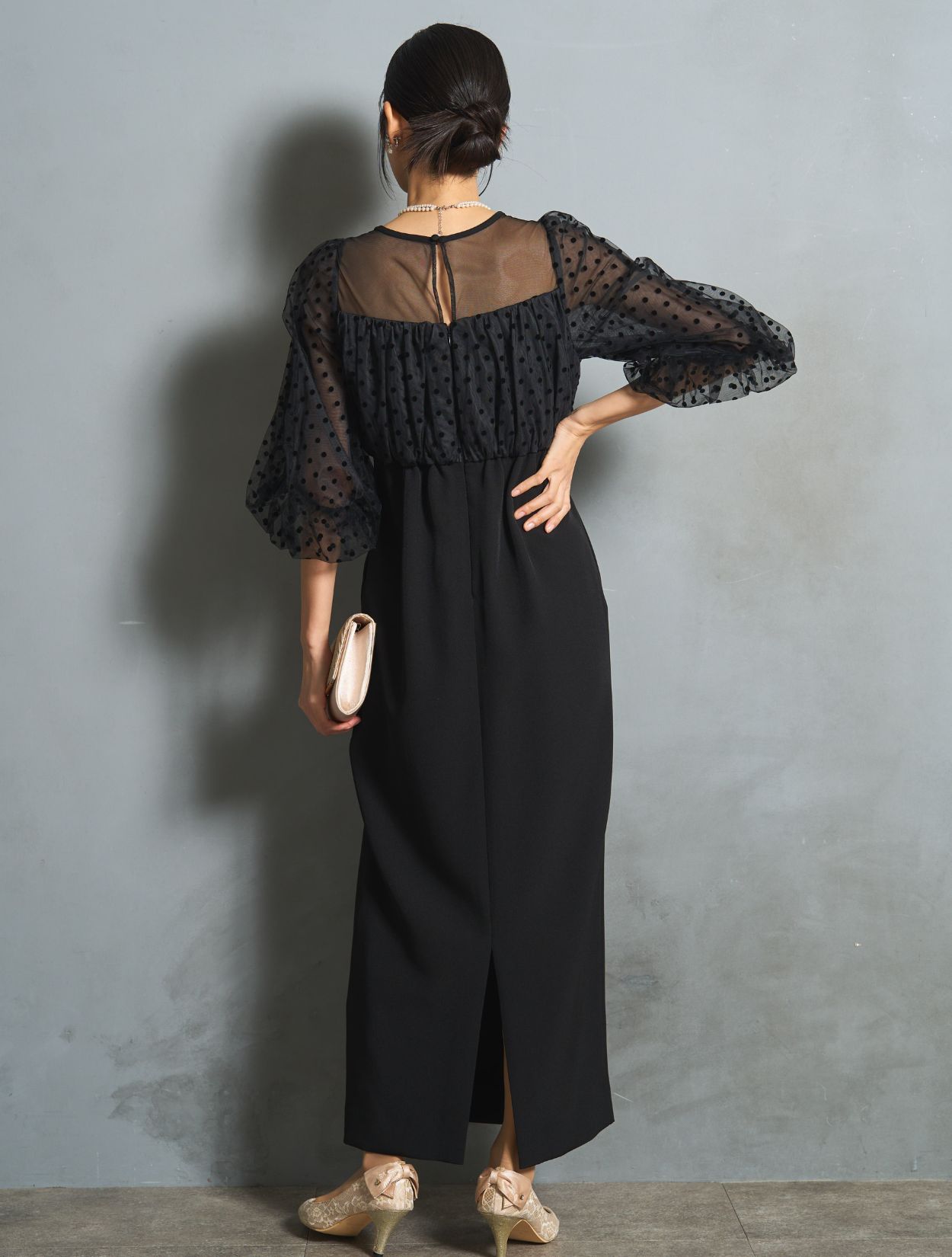 M】フロッキードットペンシルロングドレス（ブラック）DPSET0751の