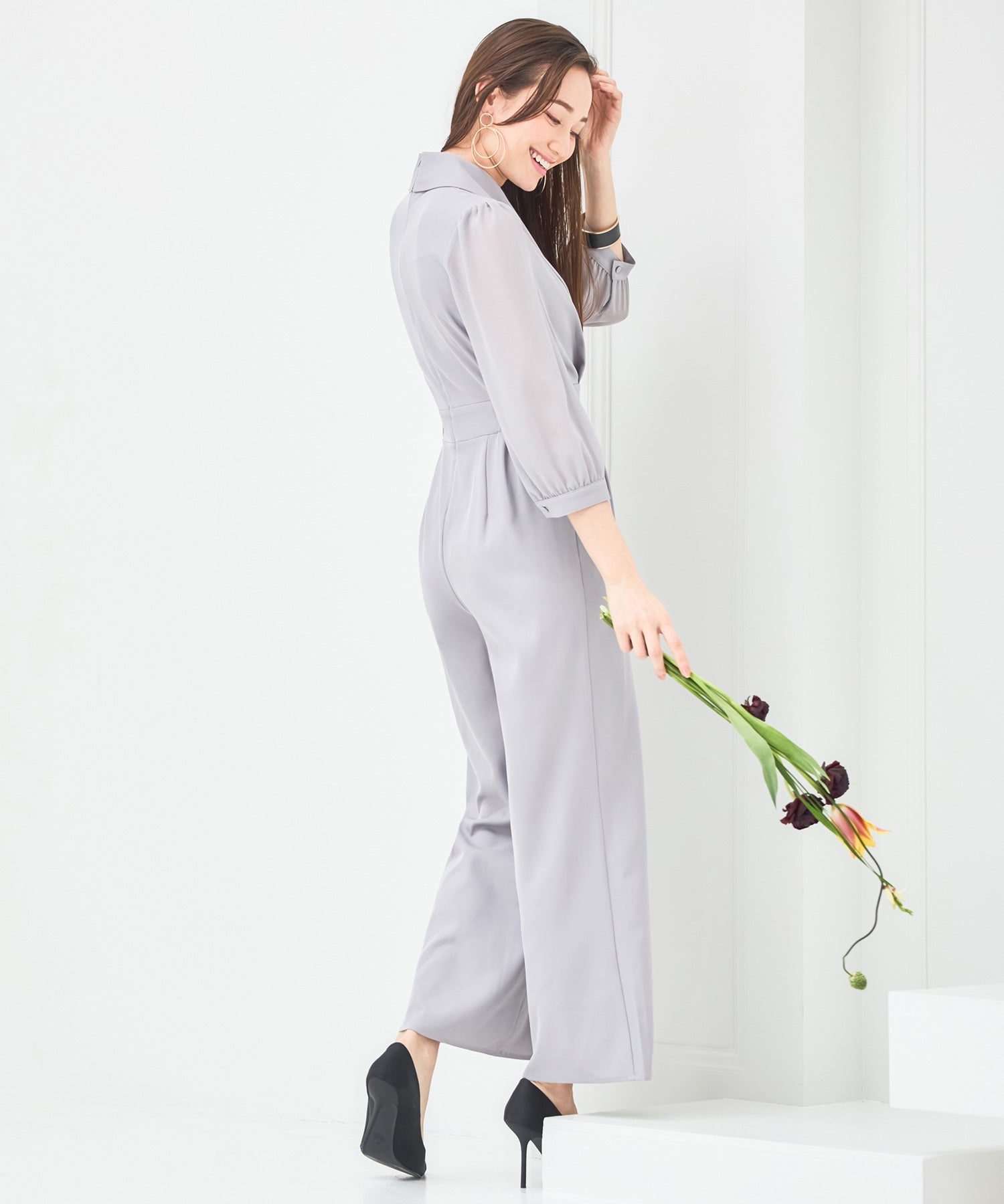 ジャンプスーツ パンツドレス シフォン S M L XL パーティー 結婚式