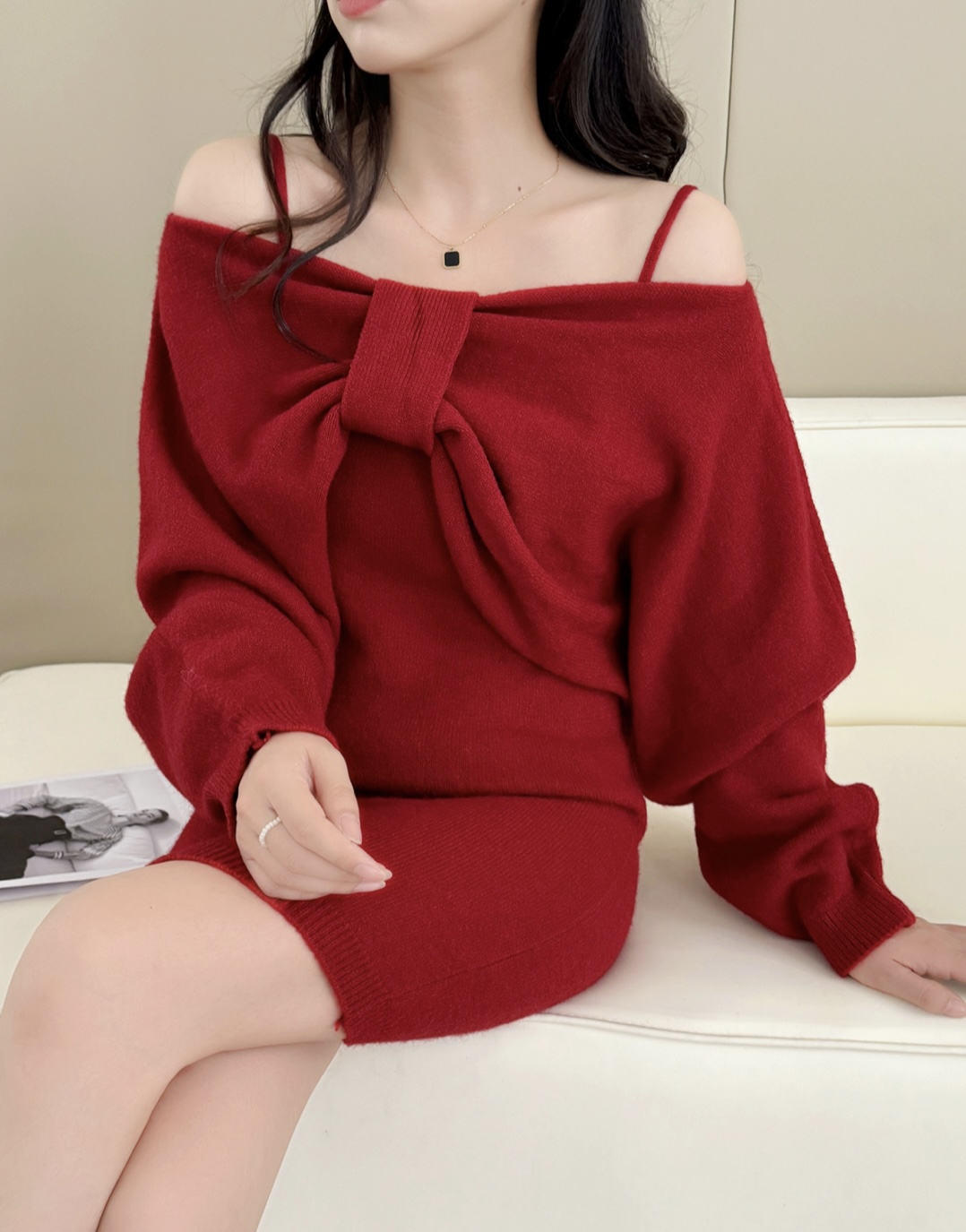 リボンオフショルニットミニワンピース | レディースファッション通販