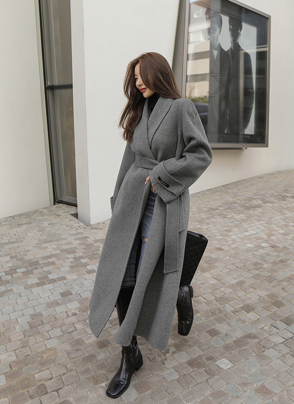 ストラップ付ウール混ショールカラーコート | レディースファッション