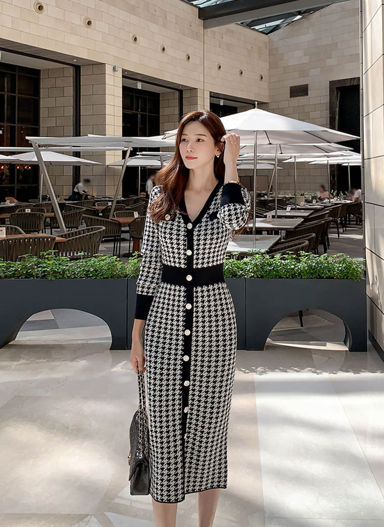 フェイクボタン千鳥柄ニットワンピース | レディースファッション通販