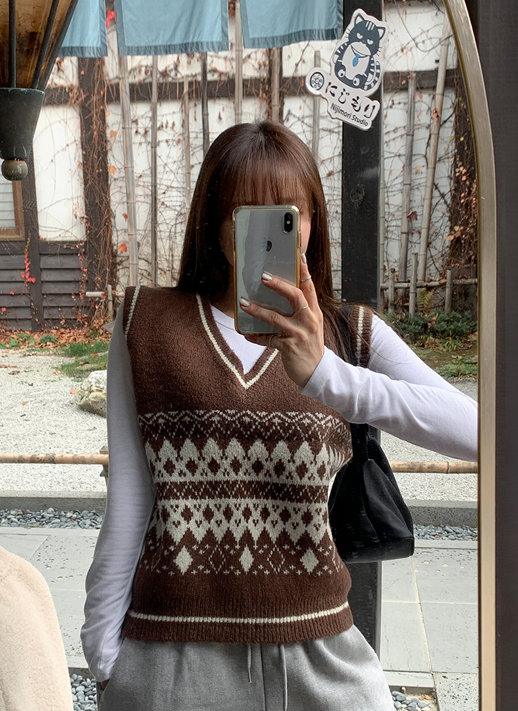 ノルディック柄Vネックニットベスト | レディースファッション通販