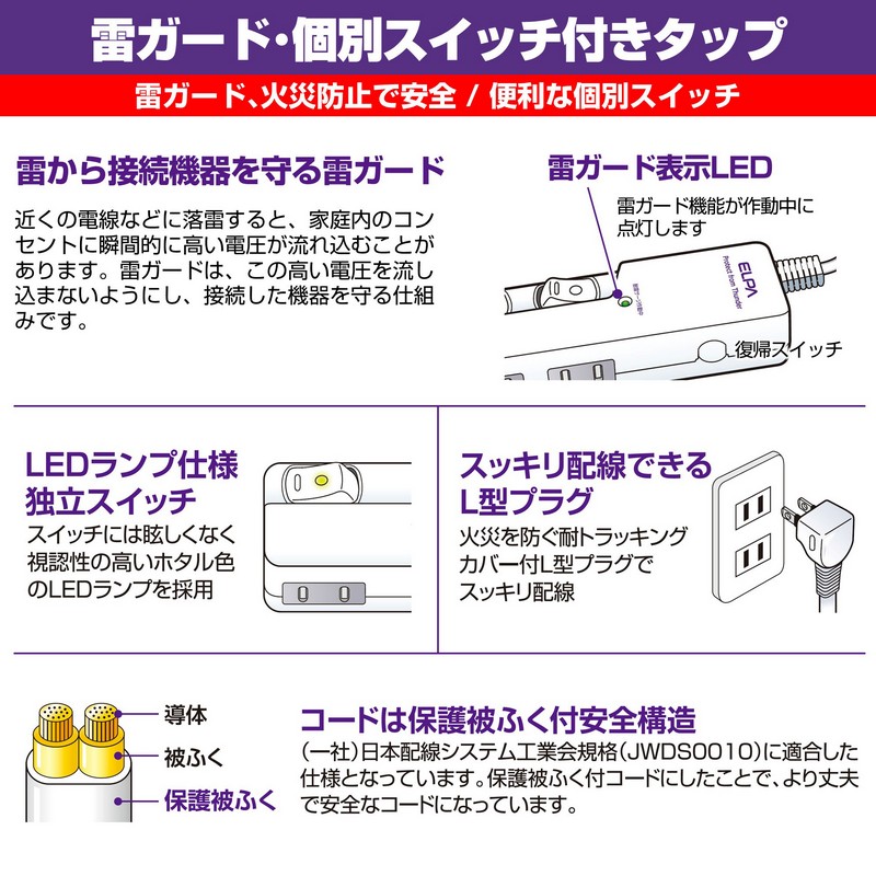 セール】エルパ(ELPA) 電源タップ 個別スイッチ 横差し AC6個口 コード