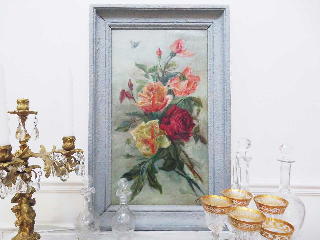 Y.Janloe作油絵『薔薇のある風景』 - 薔薇と天使のアンティーク