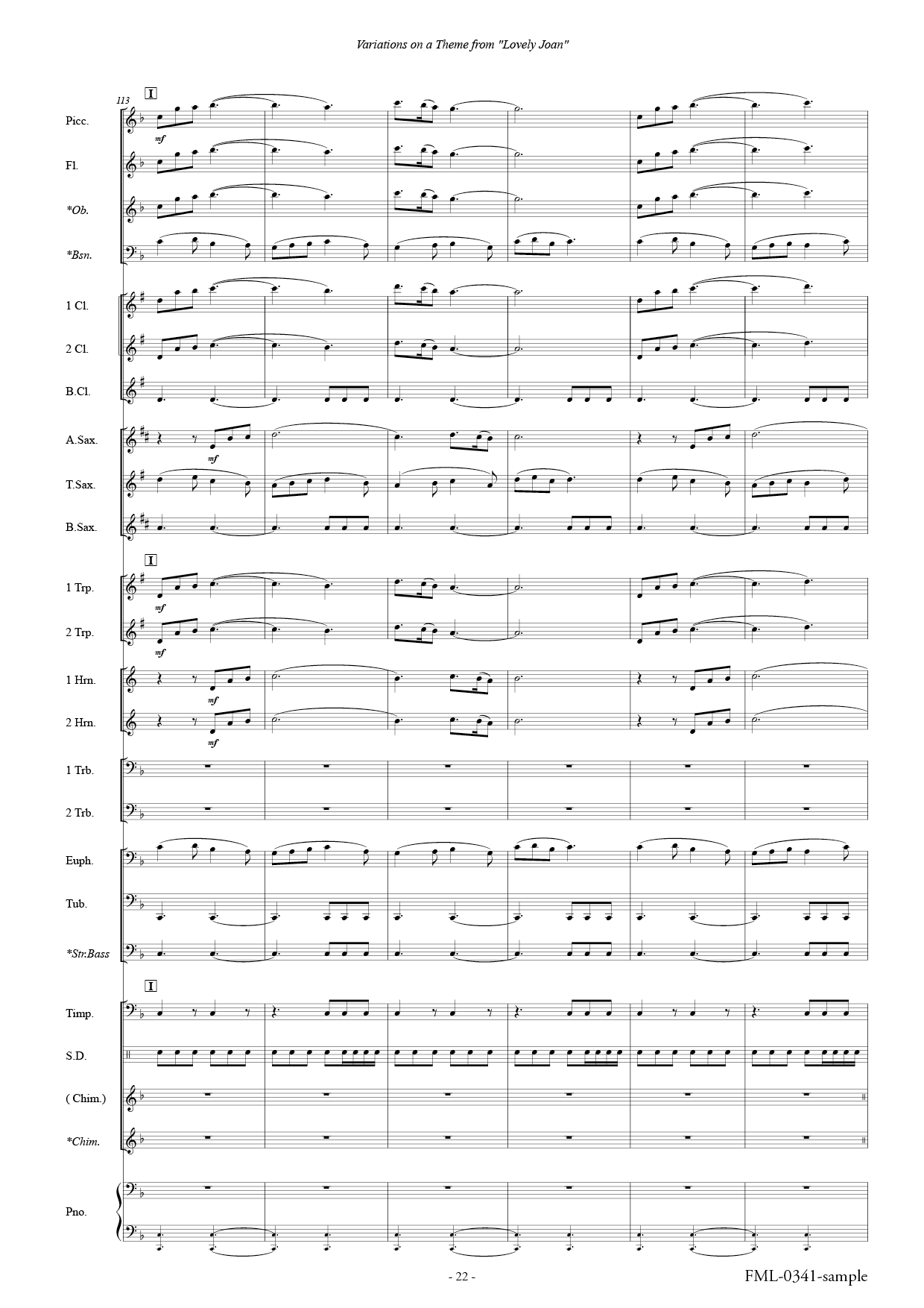 Lovely Joan」の主題による変奏曲：福島弘和 [吹奏楽小編成-レンタル譜