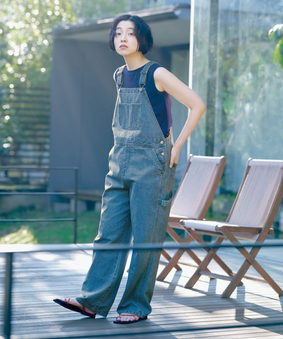 THREE FIFTY STANDARD 麻混ライトオンスデニムのオーバーオール｜THREE