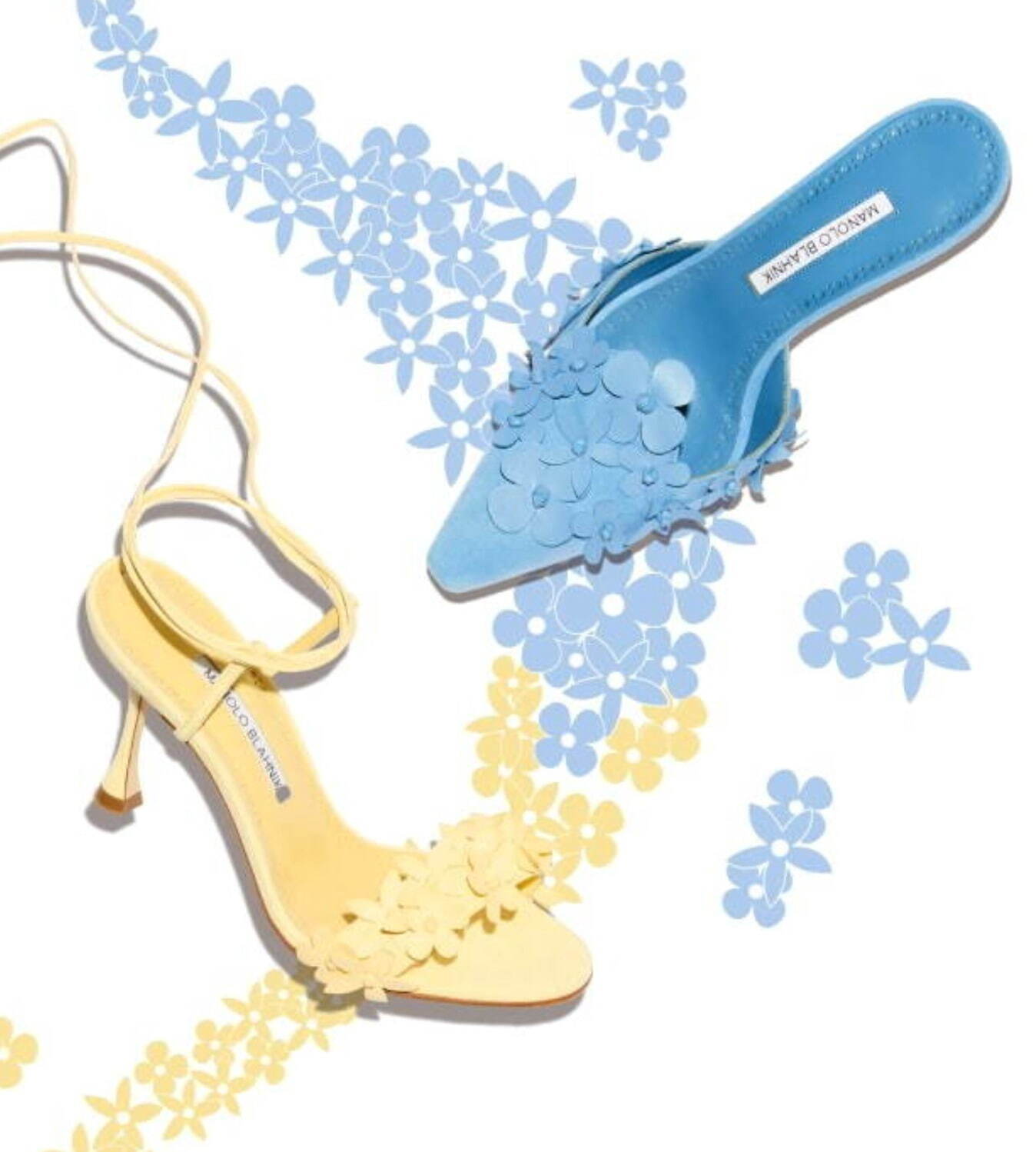 マノロ ブラニク“花々咲き誇る”ミュール＆足首ストラップ付きヒール