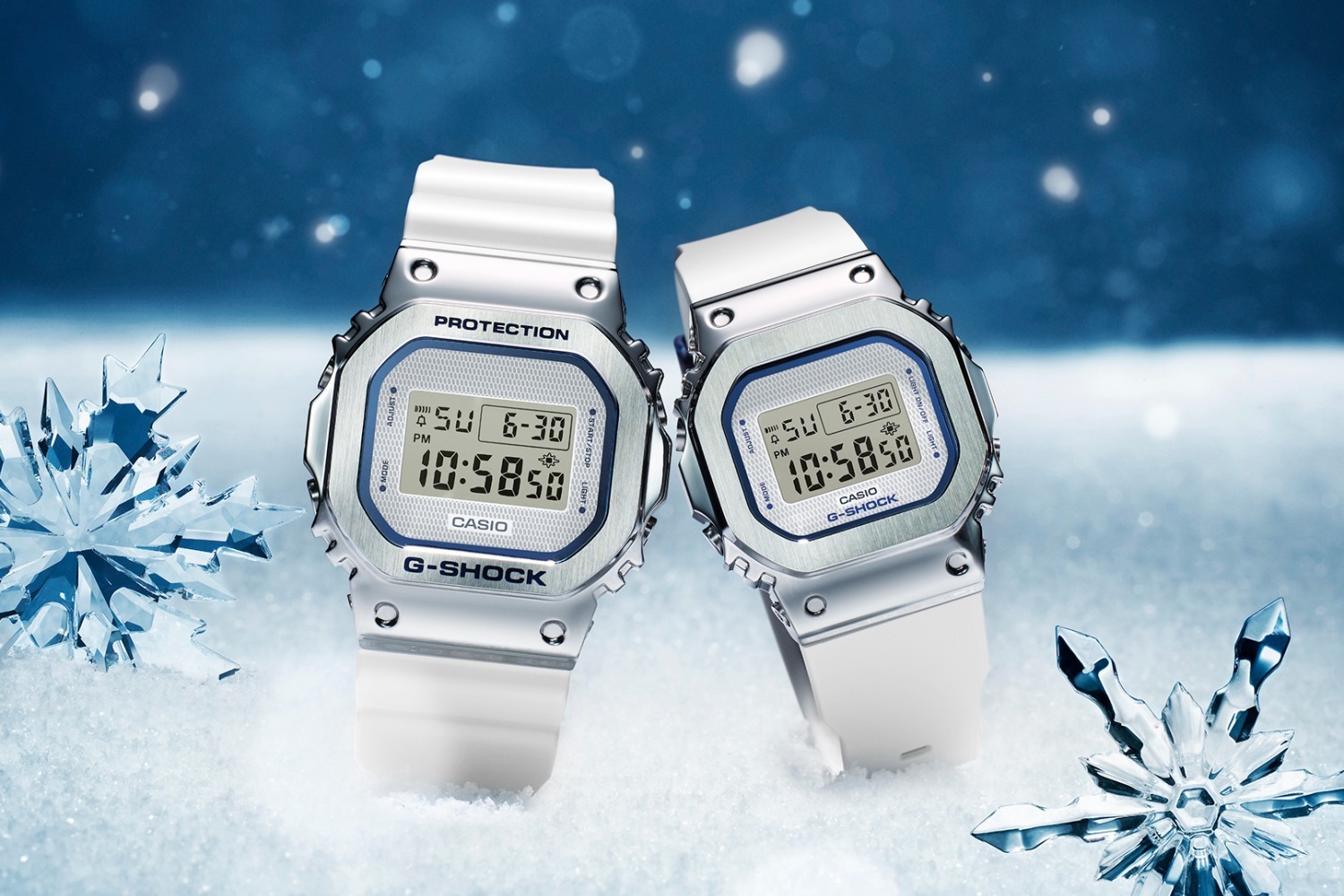 G-SHOCK新作クリーンな角型ペアウオッチ、メタルベゼル＆純白バンド