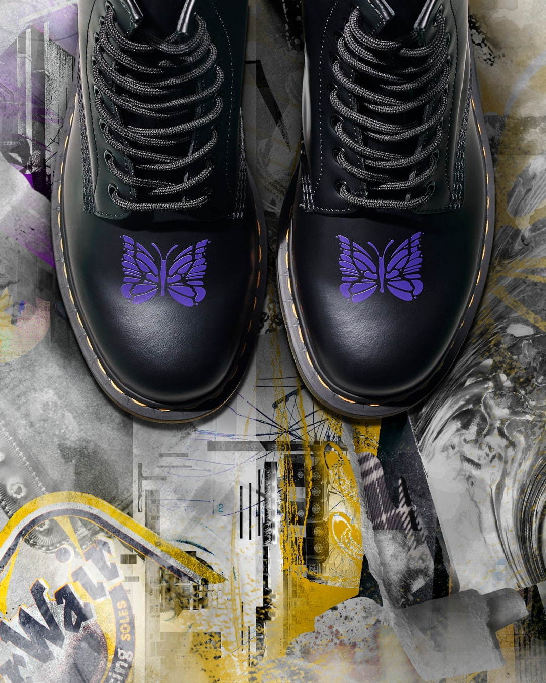 ドクターマーチン×ニードルズ「1460」8ホールブーツ、パープルの“蝶