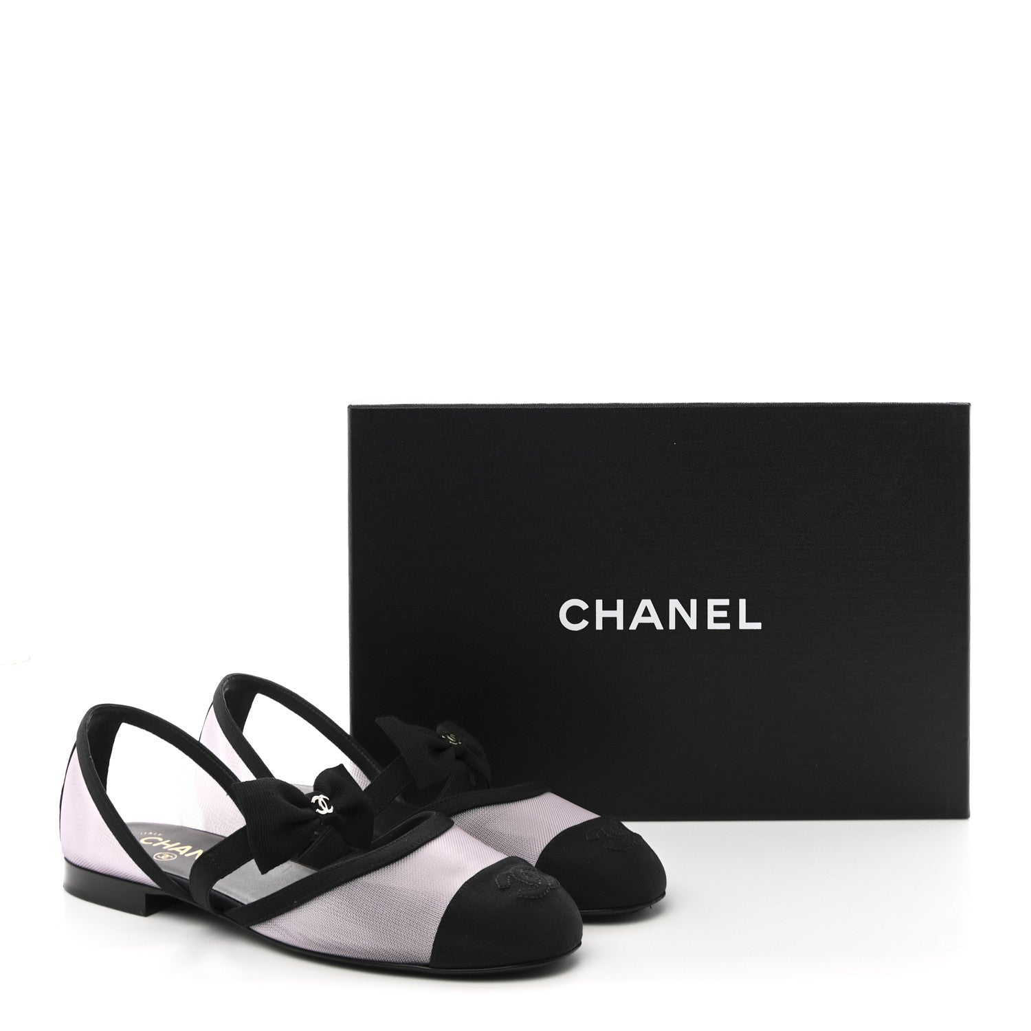 Chanel Mesh Grosgrain Mary Janes Flats 37 Light Pink Black 1764425